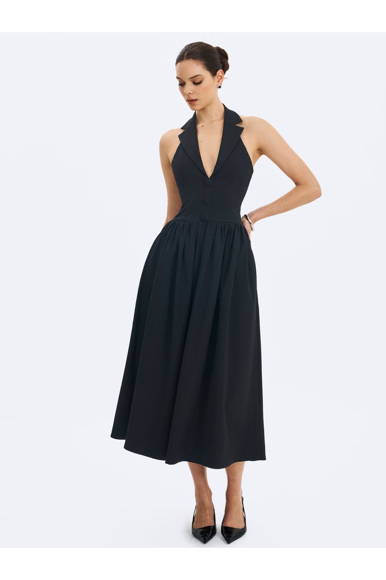 Delaney Lapel Halter Midi A-Line Dress, Alternate, color, Black