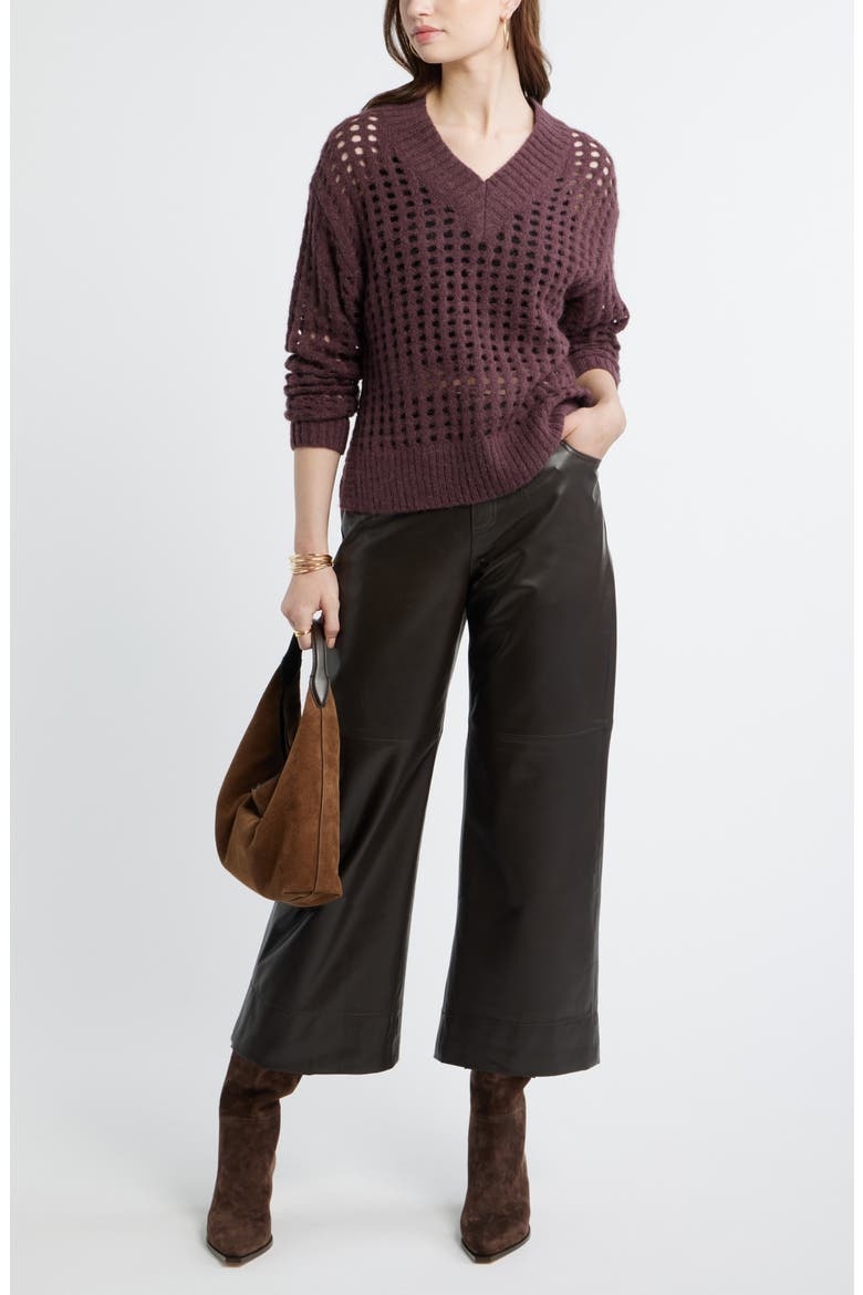 Mesh Stitch V-Neck Sweater, Alternate, color, BURGUNDY FUDGE