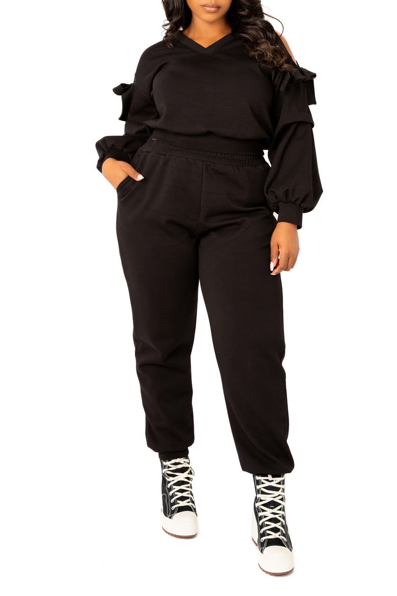 Scuba Knit Cold Shoulder Sweatshirt & Jogger Set, Main, color, BLACK