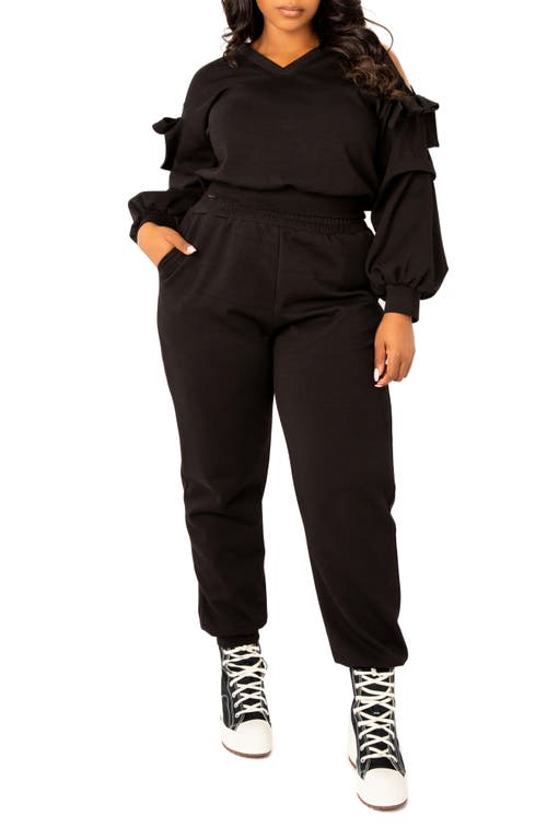 BUXOM COUTURE Scuba Cold Shoulder Sweatshirt & Jogger Set in Black 