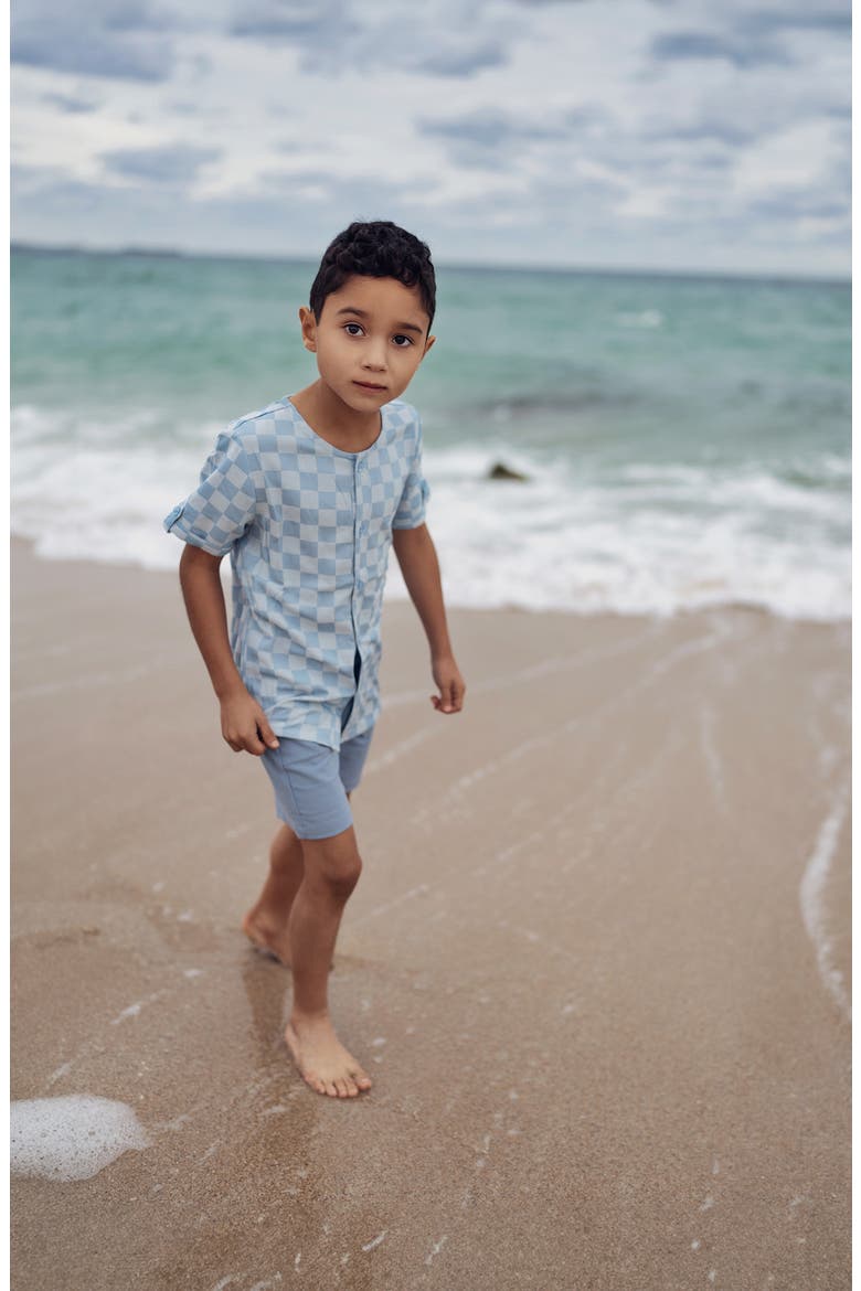 Kids' Check Short Sleeve Denim Button-Up Shirt, Alternate, color, LIGHT BLUE