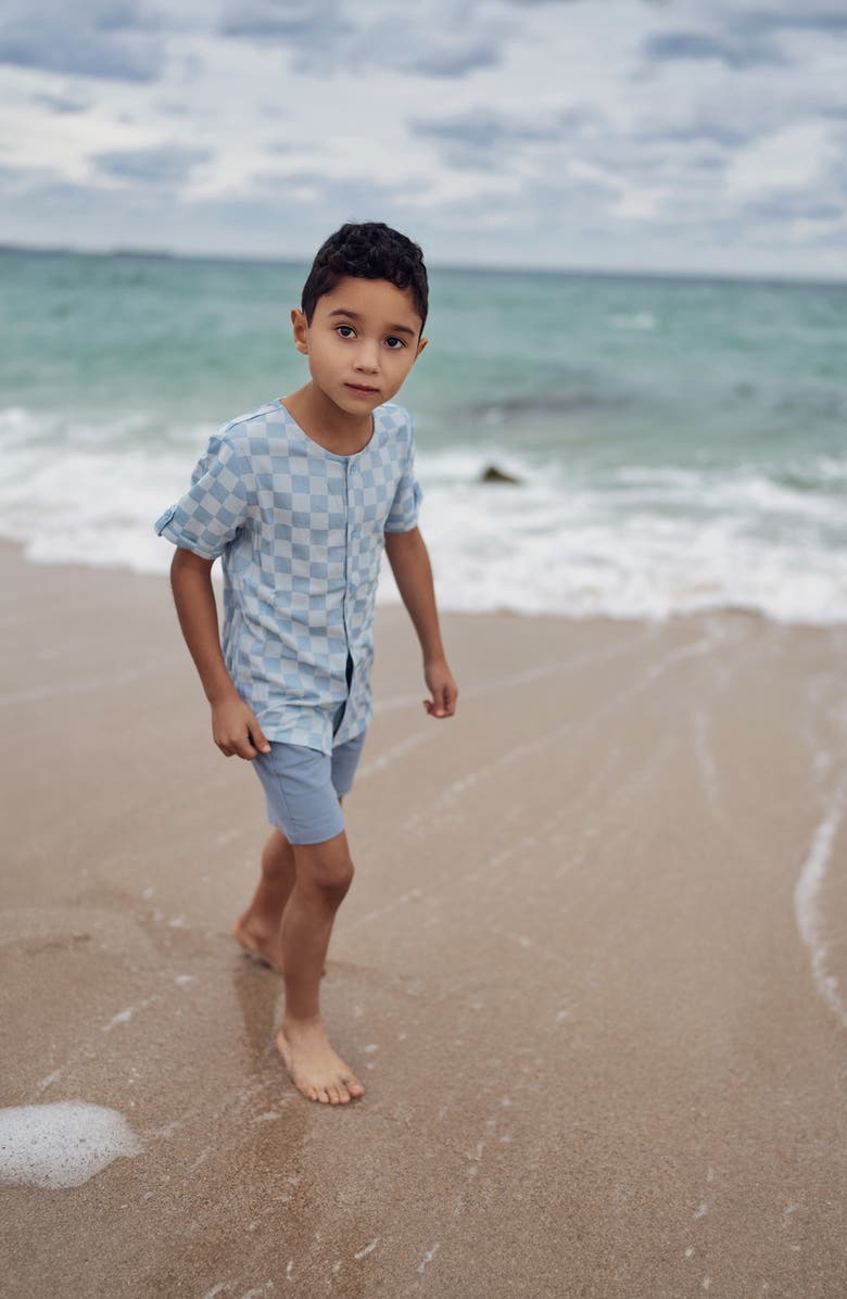 Manière Kids' Check Short Sleeve Denim Button-Up Shirt, Alternate, color, Light Blue