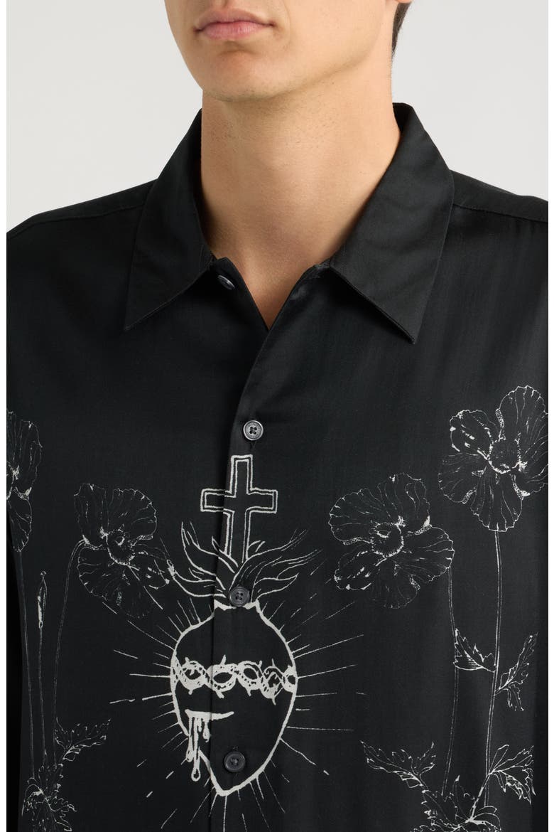 Fleur Graphic Short Sleeve Button-Up Shirt, Alternate, color, BLACK