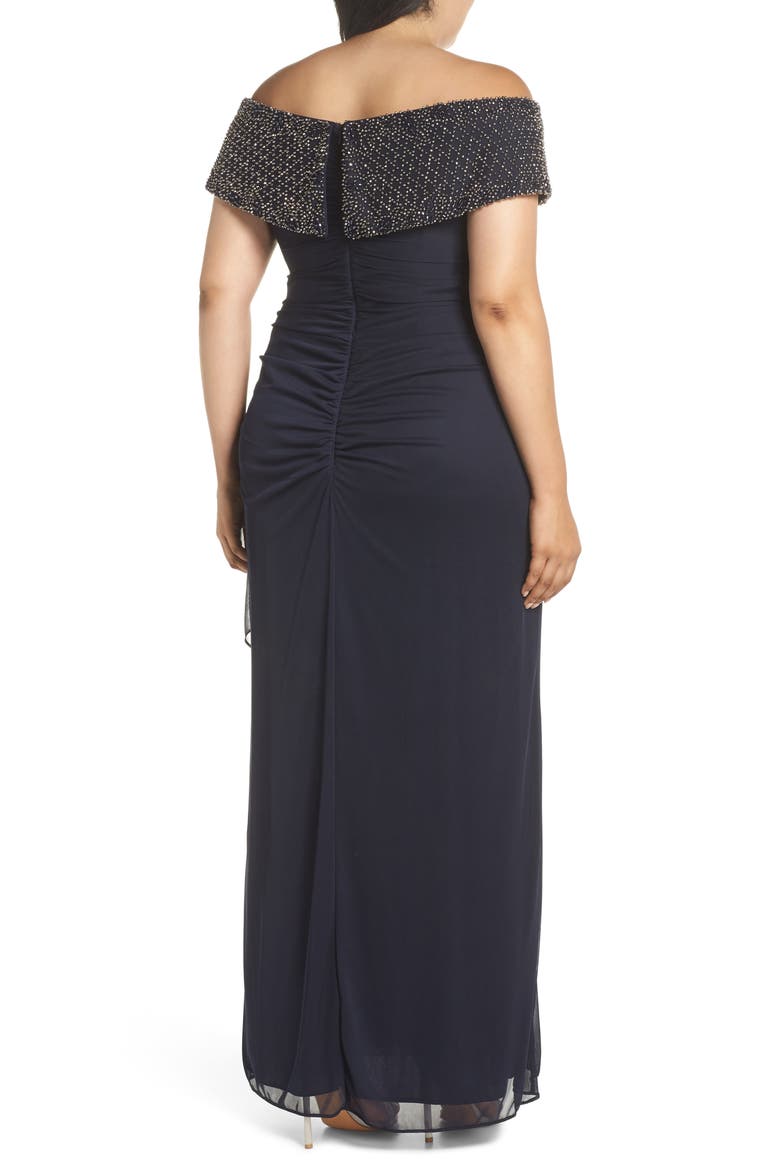 Xscape Beaded Off the Shoulder Column Gown, Alternate, color, NAVY/ GUNMETAL