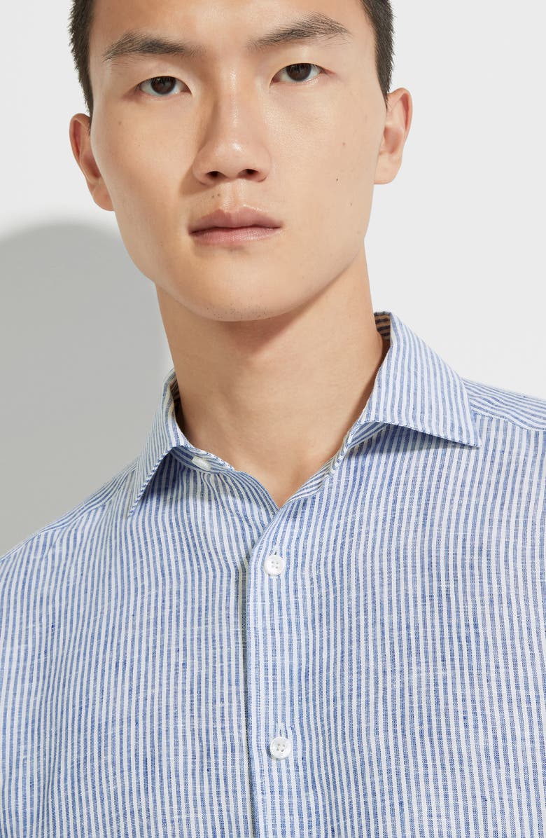 ZEGNA Stripe Oasi Linen Button-Up Shirt, Alternate, color, Dark Blue
