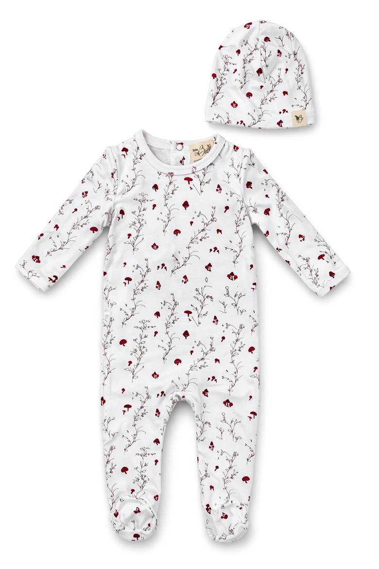 All Over Floral and Mushroom Print Romper with Hat, Main, color, White/Mushroom