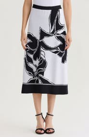 Ming Wang A-Line Floral Jacquard Soft Knit Midi Skirt