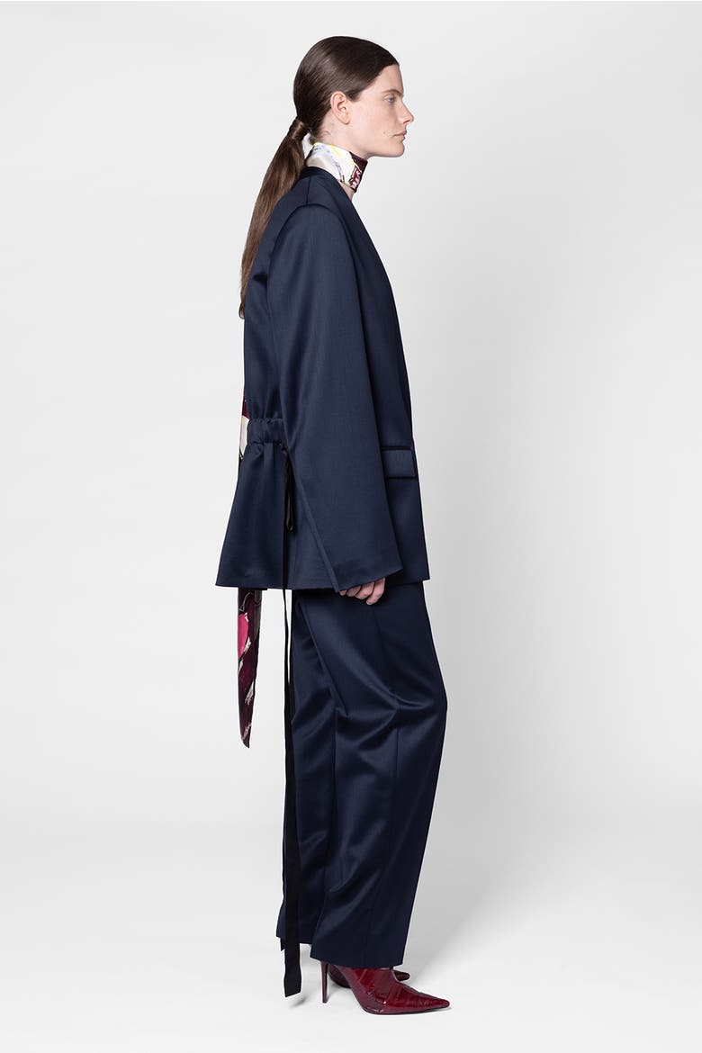 Selma Gathered Back Satin Suit Jacket, Alternate, color, Navy