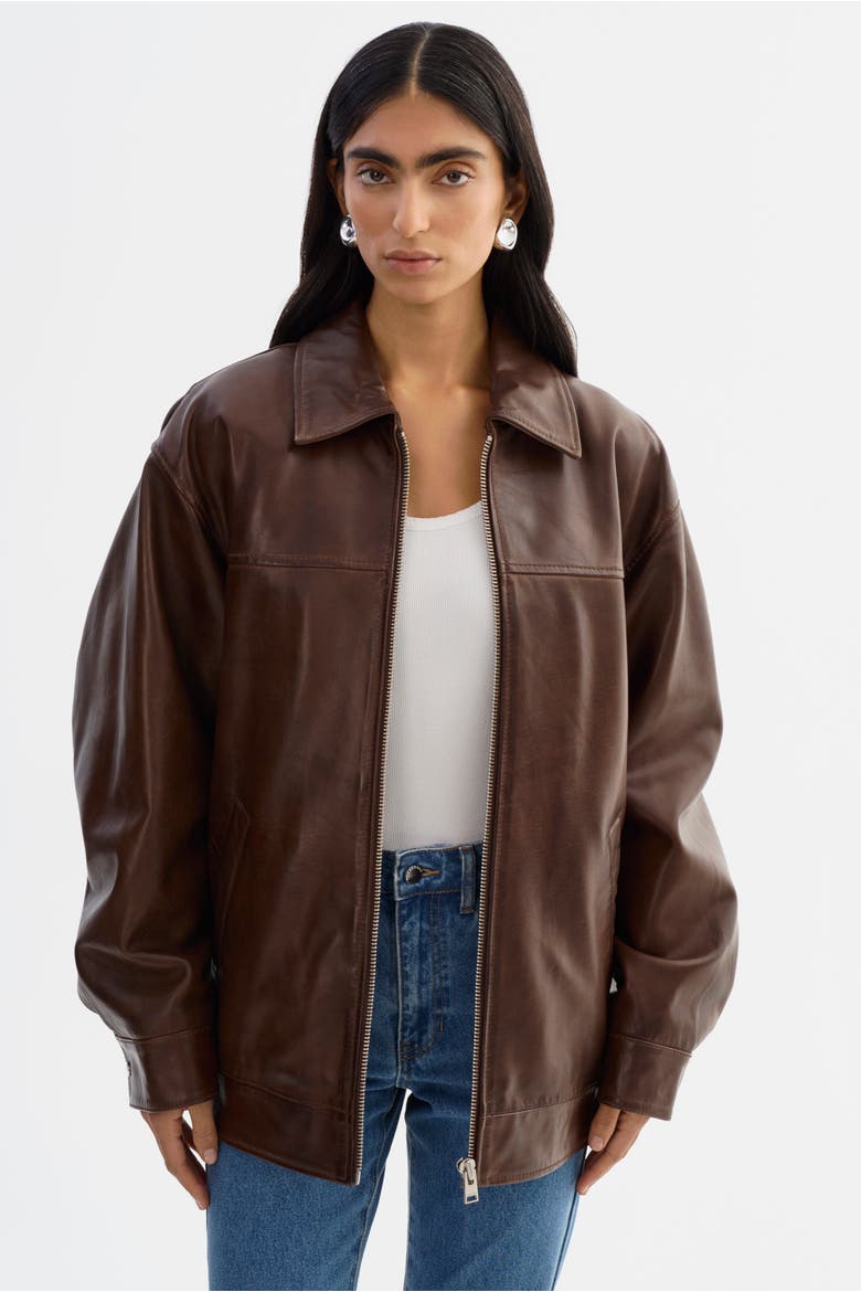 THEIA | Leather Bomber Jacket, Main, color, Dark Brown