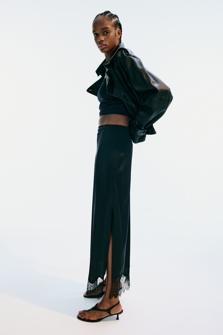 Lace-trimmed Satin Skirt, Alternate, color, Black