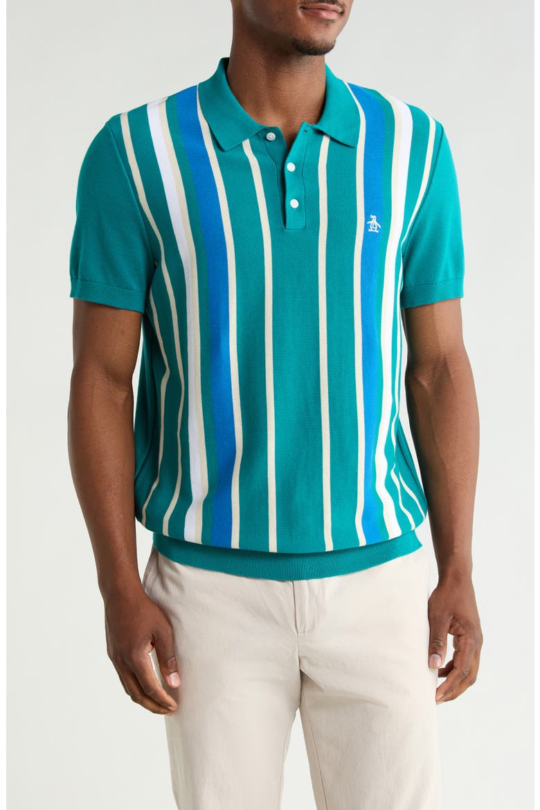 Stripe Cotton Polo Sweater, Main, color, DEEP LAKE