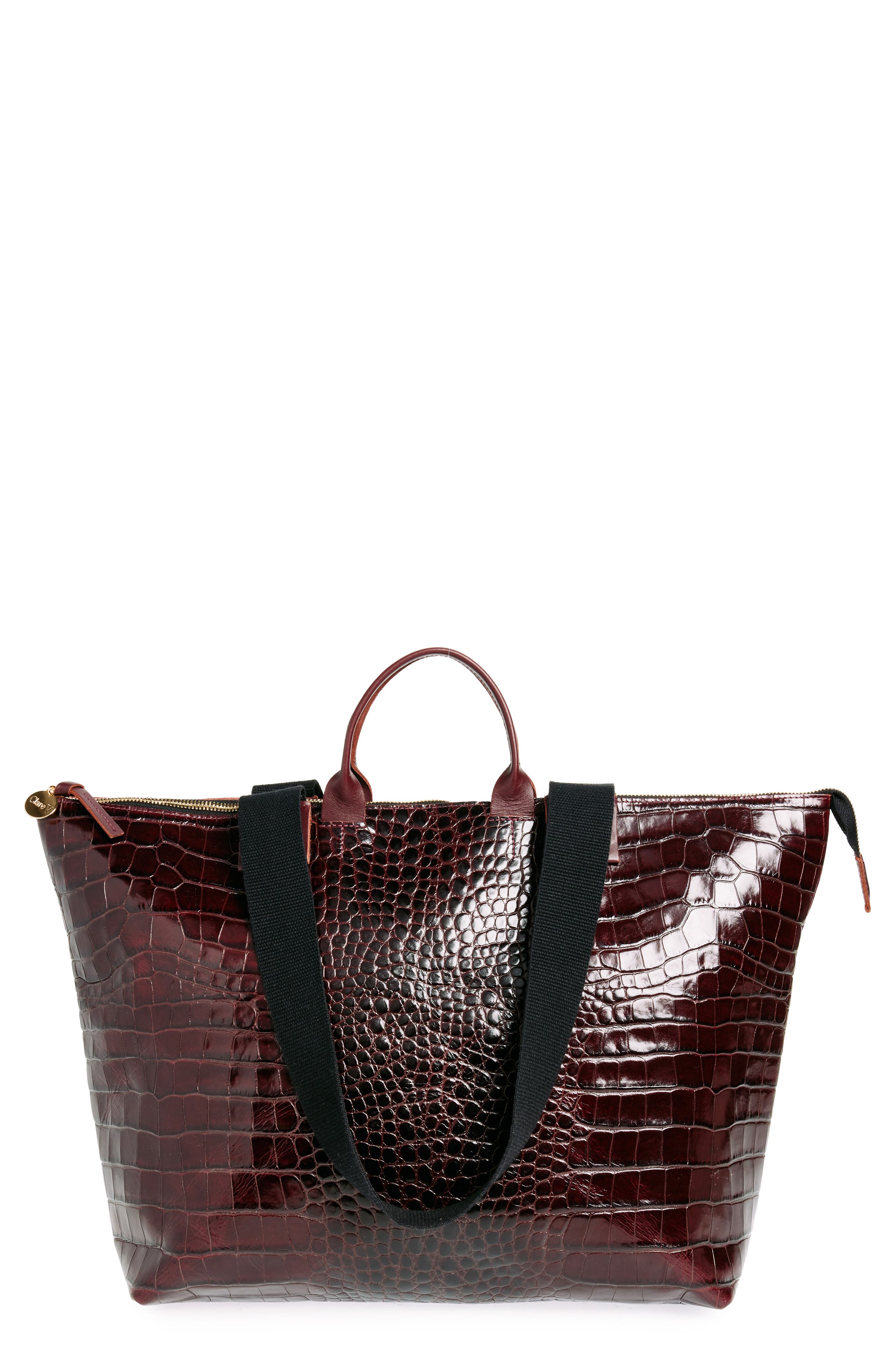 Clare V. Le Zip Sac Croc Embossed Leather Tote, Main, color, 