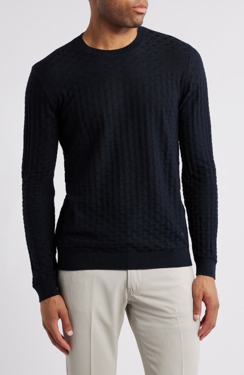 Basket Weave Virgin Wool Jacquard Crewneck Sweater