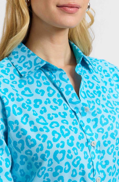 Foxcroft Margie Leopard Print Three-quarter Sleeve Cotton Button-up Shirt In Ibiza Turq Multi