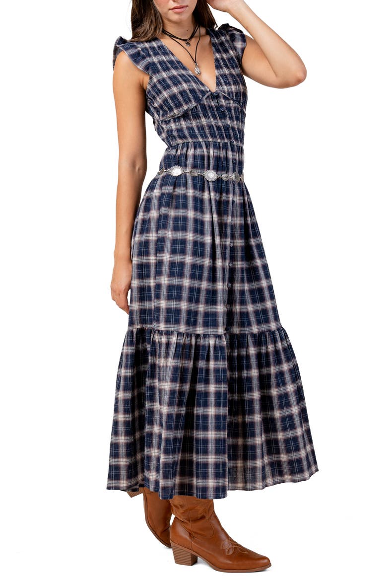 Plaid Smocked Bodice Cotton Midi Dress, Alternate, color, NAVY