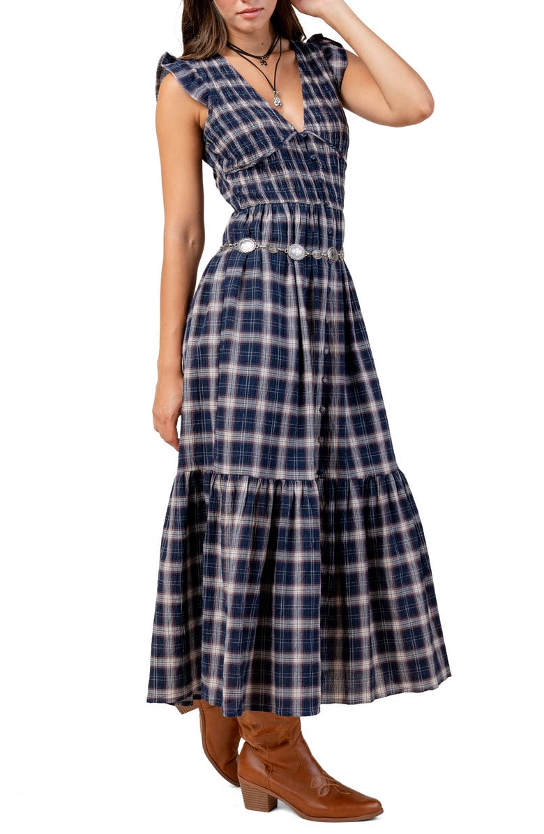 Beivy Plaid Smocked Bodice Cotton Midi Dress, Alternate, color, Navy