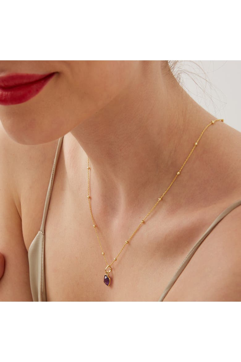 Amethyst Natural Square Pendant Necklace With Beaded Chain in Sterling Silver, Alternate, color, Gold