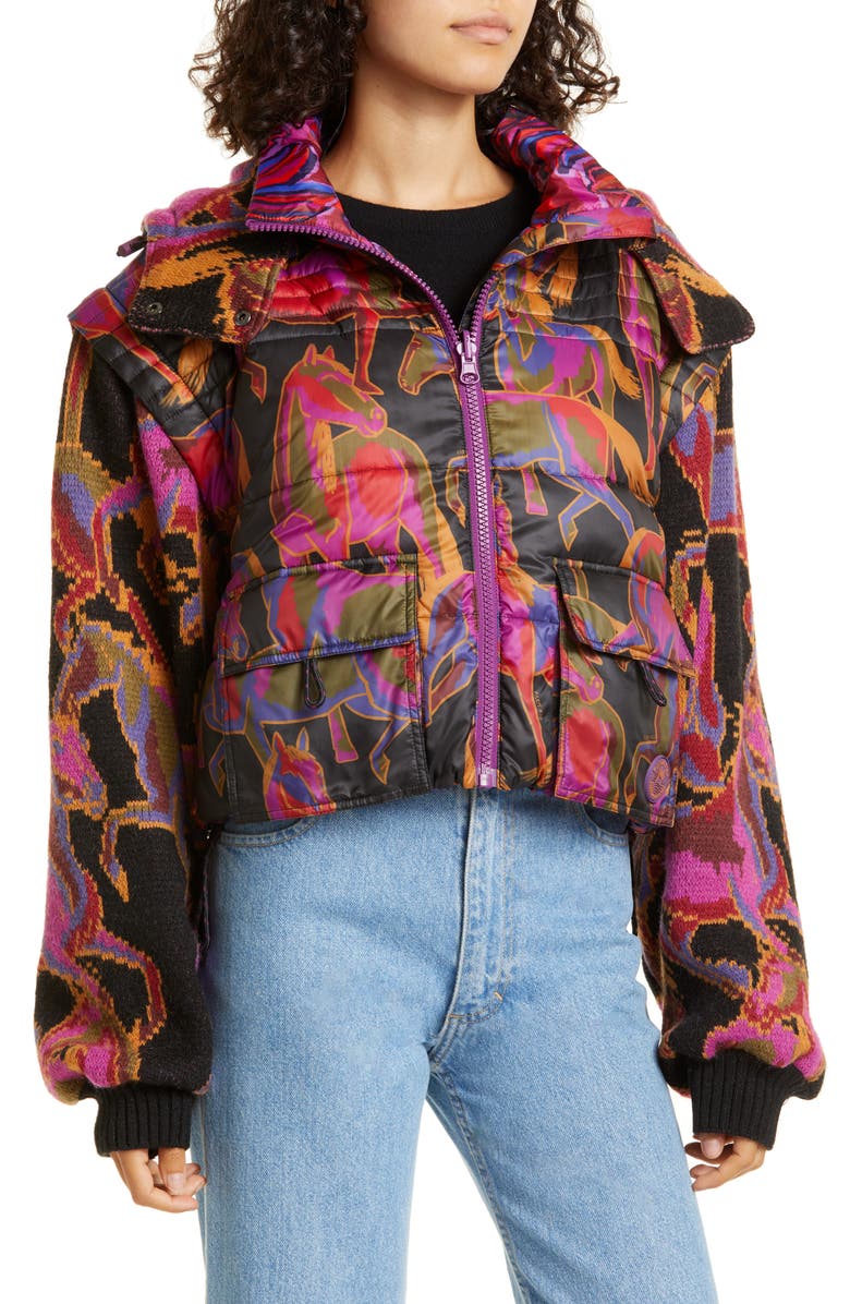 FARM Rio Wild Horses Reversible Mixed Media Jacket with Removable Hood & Sleeves, Alternate, color, 