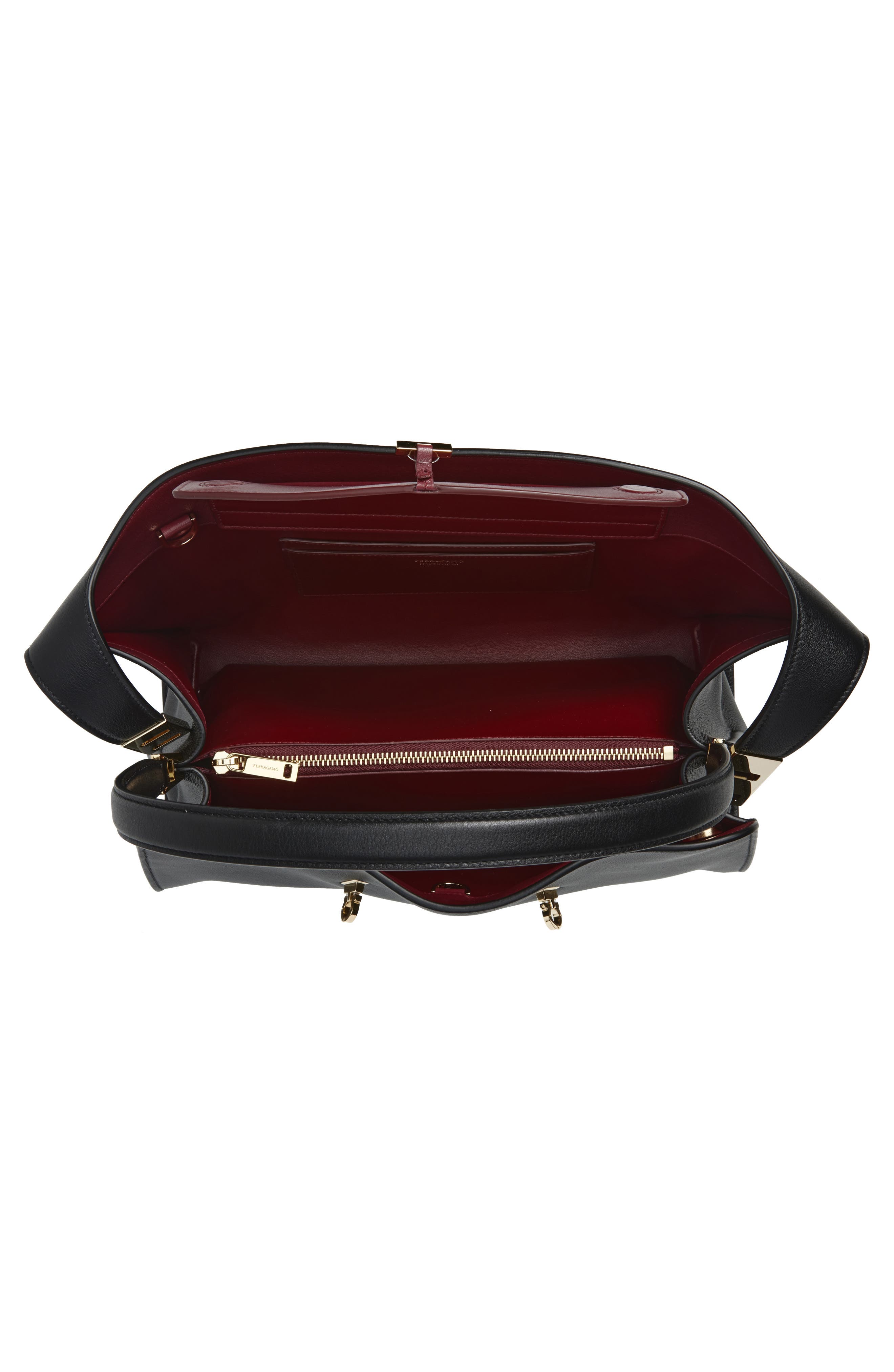 FERRAGAMO Small Hug Leather Shoulder Bag, Alternate, color, Nero/ Borgogna