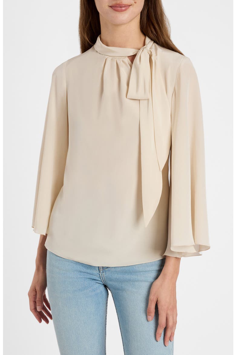 Lena Tie Neck Blouse in Silk Crepe De Chine, Alternate, color, Latte