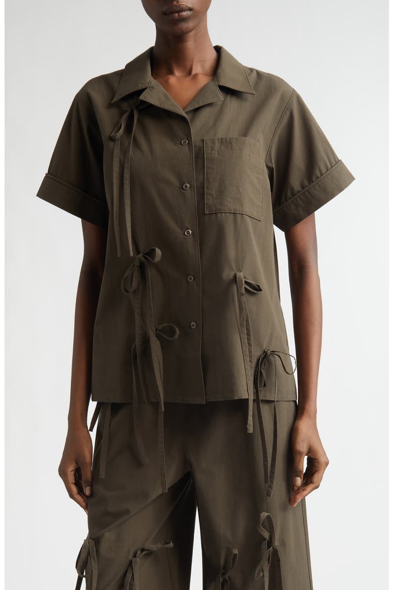 Bunny Bow Detail Cotton Camp Shirt, Main, color, BROWN