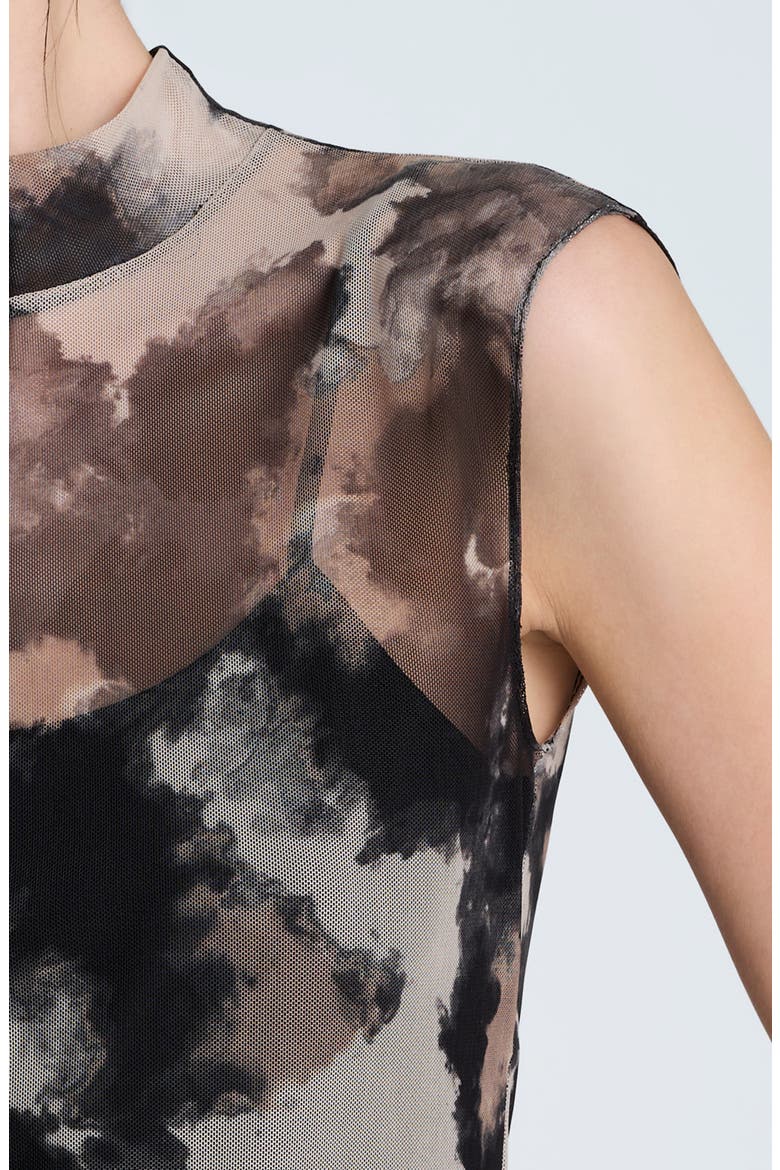 Ruched Mock Neck Mesh Top, Alternate, color, BLACK MULTI