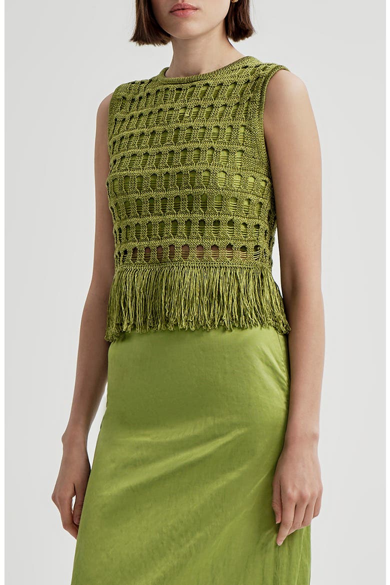 Esme Sleeveless Open-stitched Top with Fringe, Alternate, color, SAGE