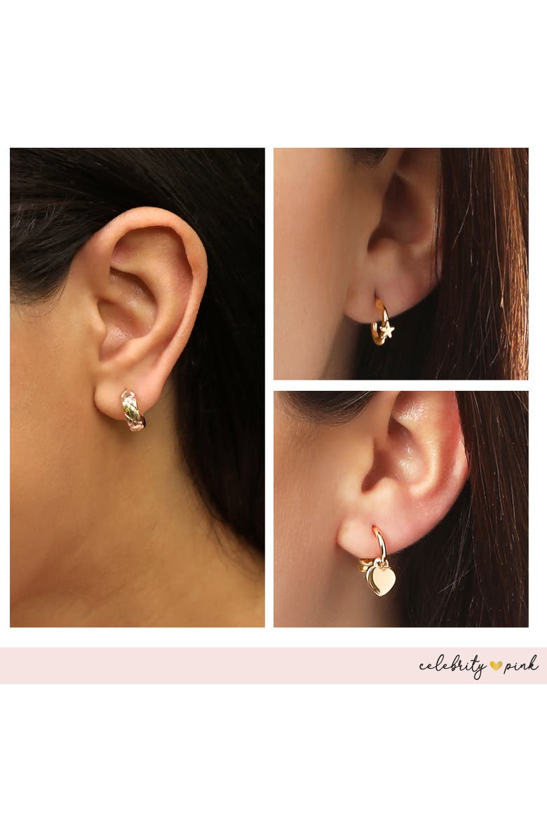 Gold-Tone Hoop Earrings for Women 6-Pack with Rhinestones | Small Hoops Yellow Gold-Tone, Rhinestone Accents, Dangling Heart Charm, Star Pendant, Huggie Earrings, 6 Different Pairs, Alternate, color, Gold-Tone