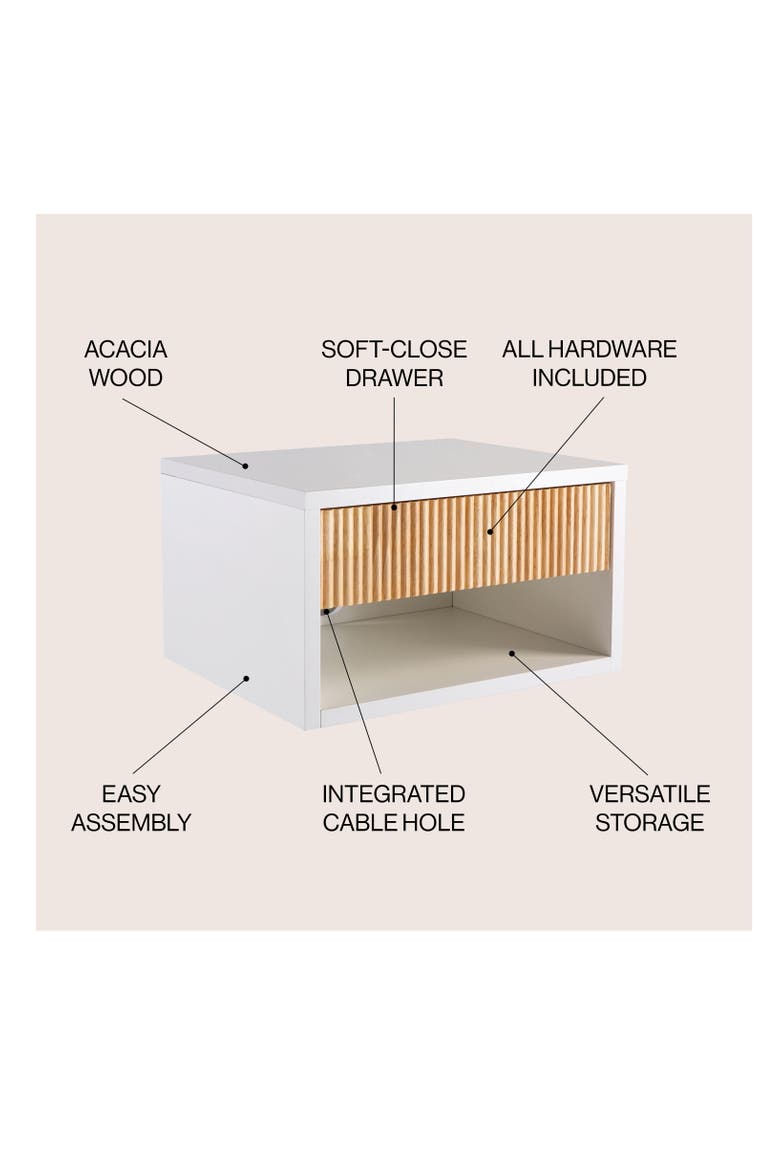 Elise Modern Floating Wall Mounted Nightstand, Bedside Table with Fluted Drawer, Open Shelf Cable Management,, Alternate, color, White/Light Oak