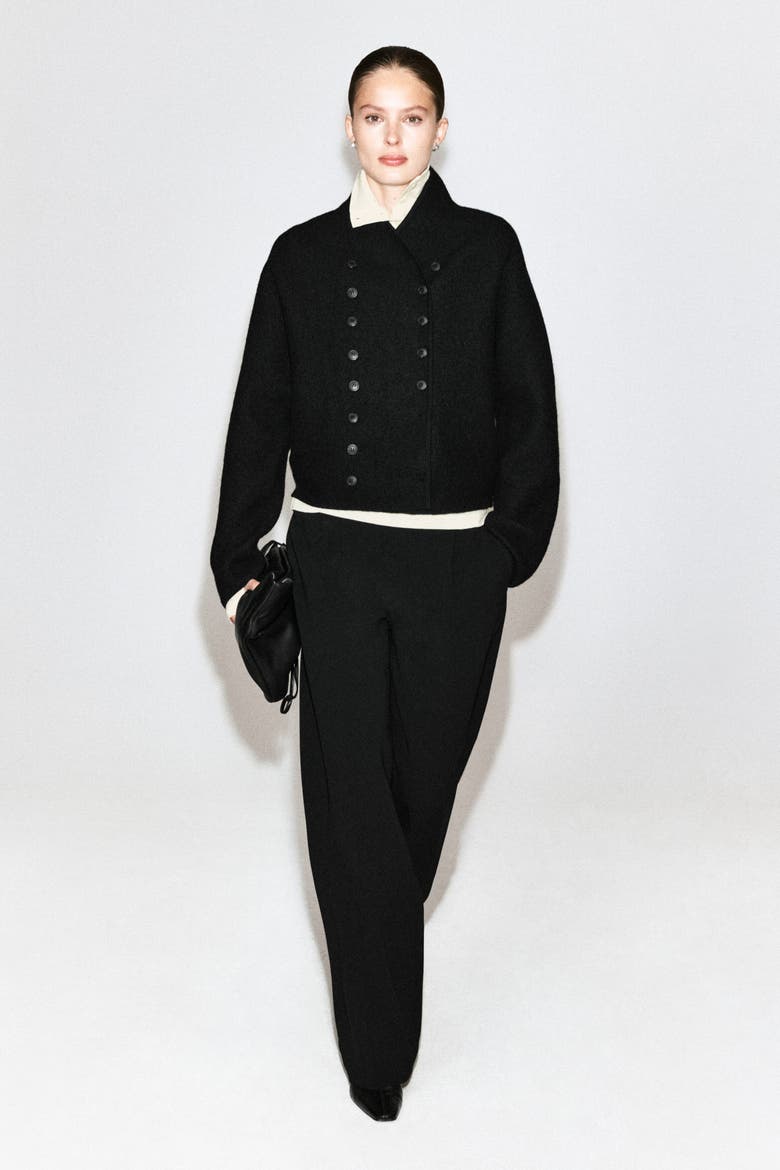 Pleated Crepe Straight-Leg Pants, Main, color, BLACK