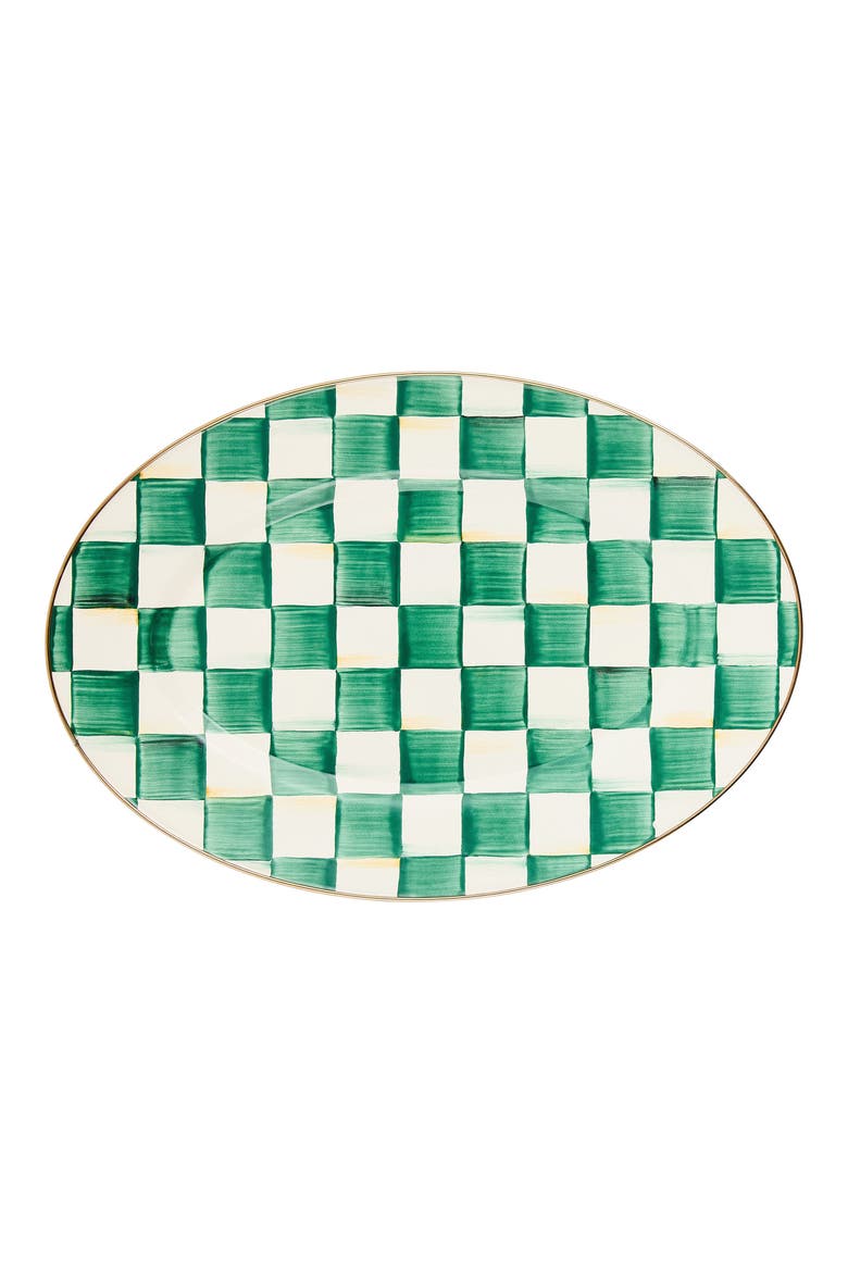 Emerald Check Small Enameled Steel Oval Platter, Main, color, EMERALD