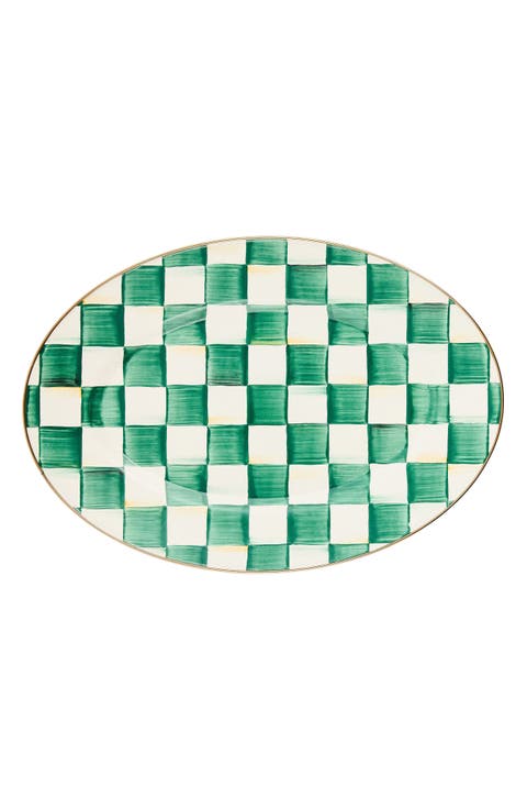 Emerald Check Small Enameled Steel Oval Platter