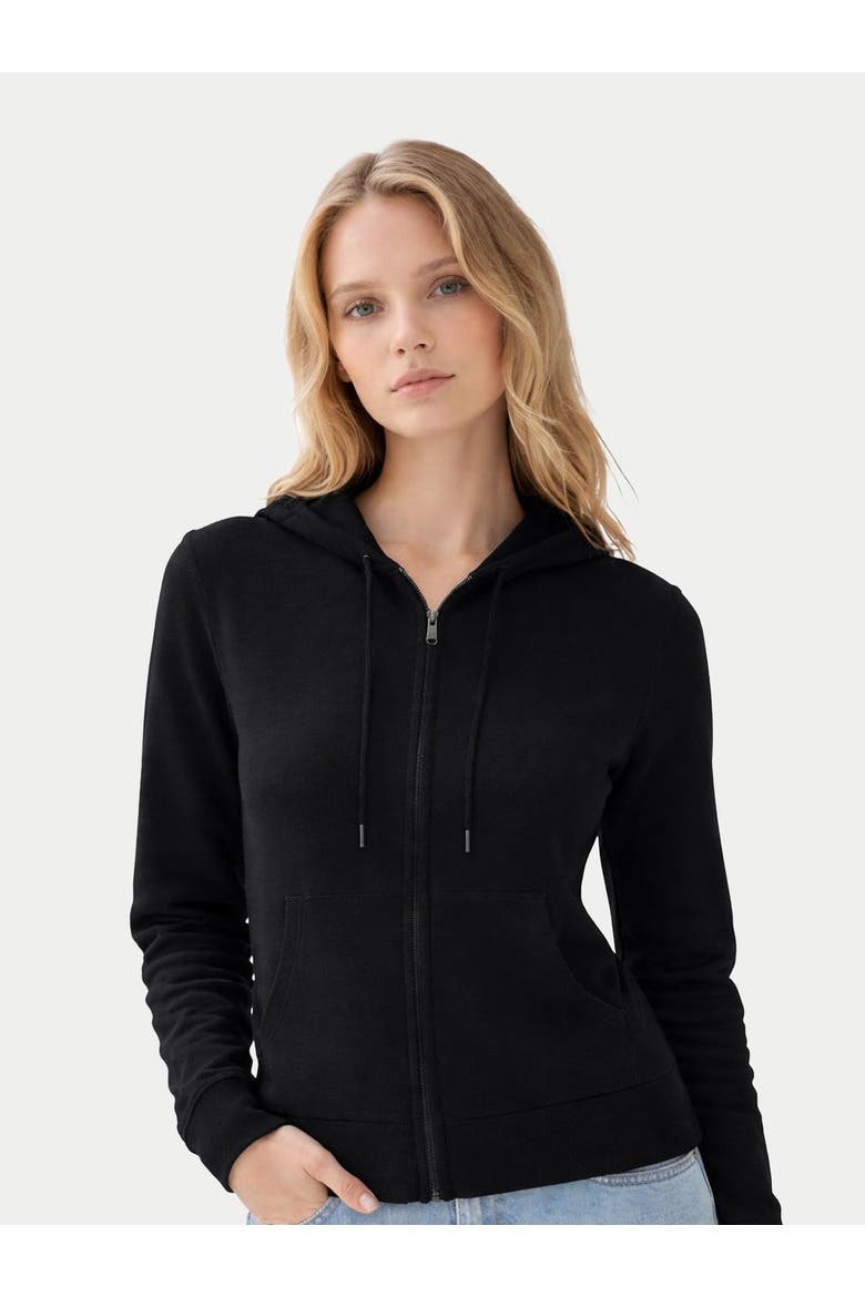 Woman Zipper Hoodie with Smiley Pocket, Alternate, color, black