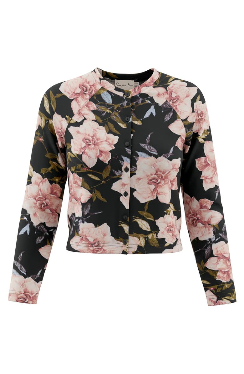Coco de la Mour Floral Crew Neck Button Front Cardigan Top, Main, color, Black