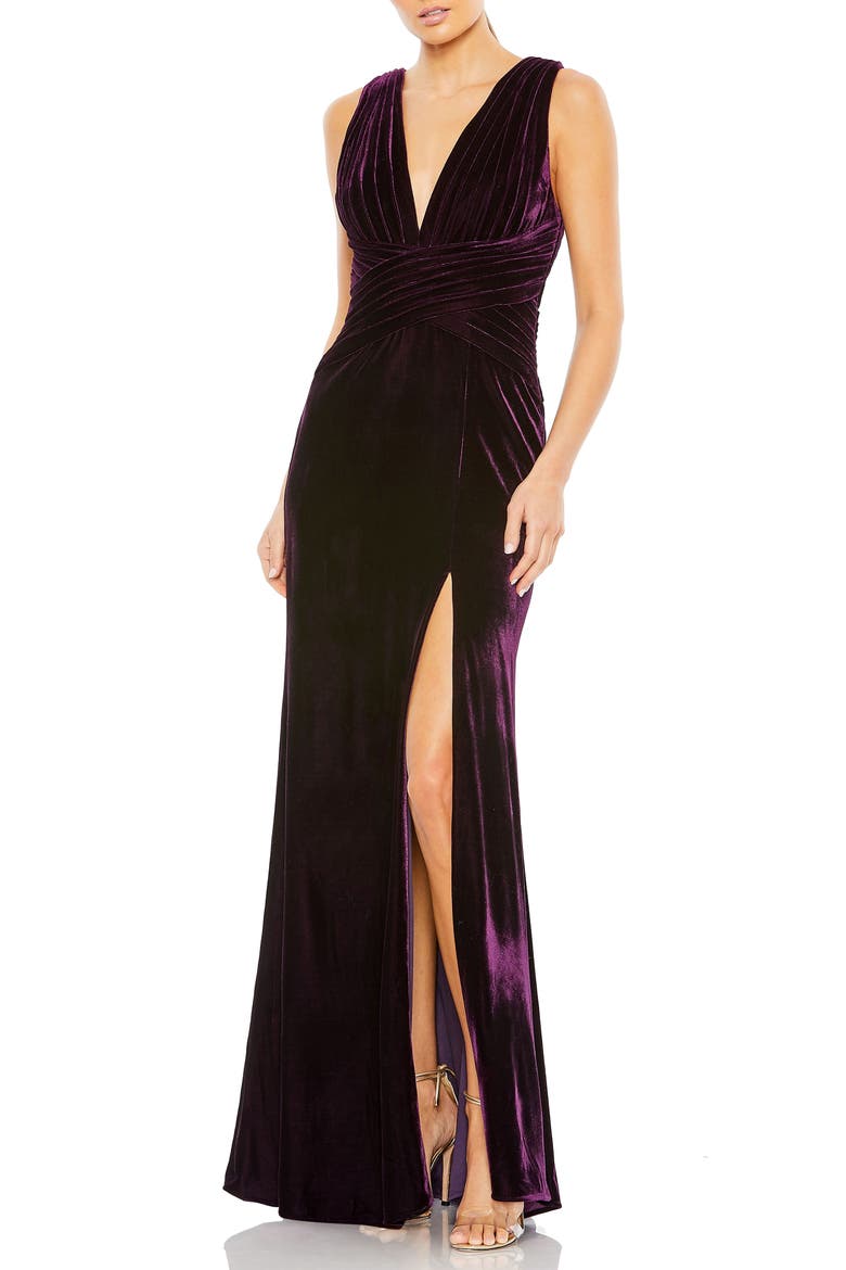 Velvet Pleated Wrapping Sleeveless Jersey Gown, Main, color, Amethyst