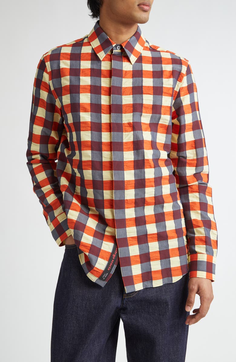 Bottega Veneta Macro Gingham Cotton Button-Up Shirt, Main, color, Banana/ Tulip/ Wave