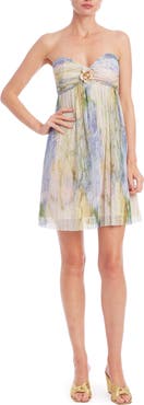Jewel Badgley Mischka Marble Floral Print Strapless Cocktail Dress