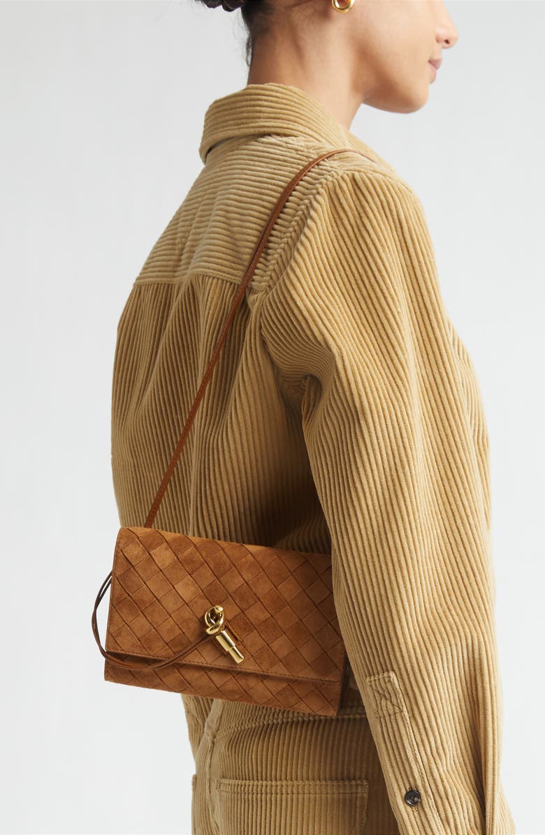 Bottega Veneta Slim Andiamo Intrecciato Suede Crossbody Wallet, Alternate, color, 2599 Amber-M Brass