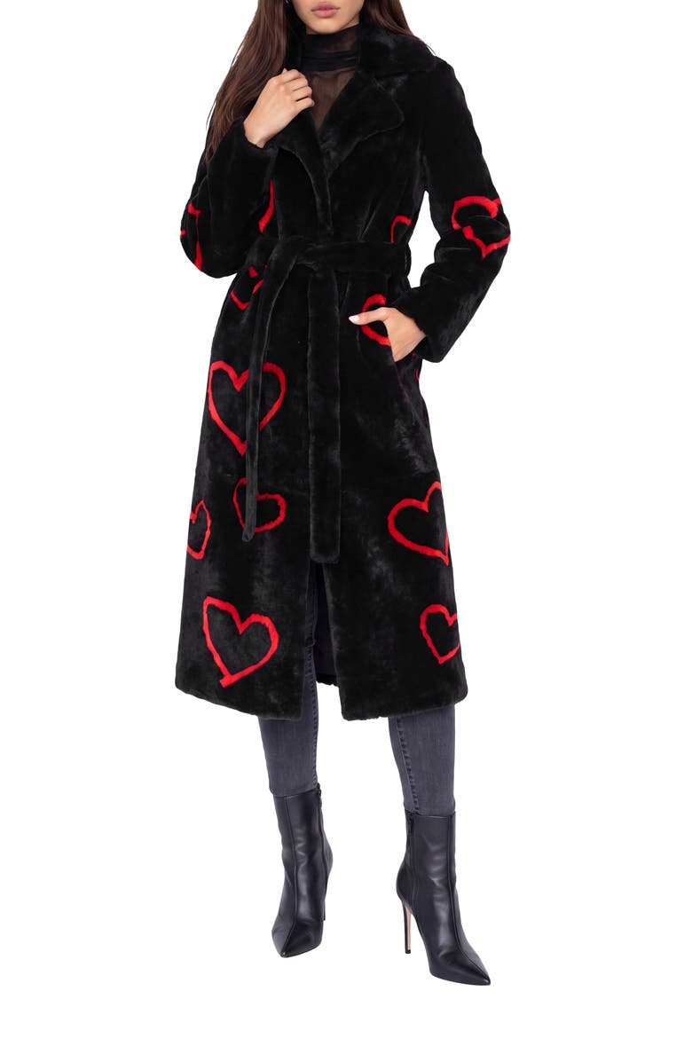 Reversible Genuine Shearling Coat with Heart Intarsia, Belt, Alternate, color, Black/Red