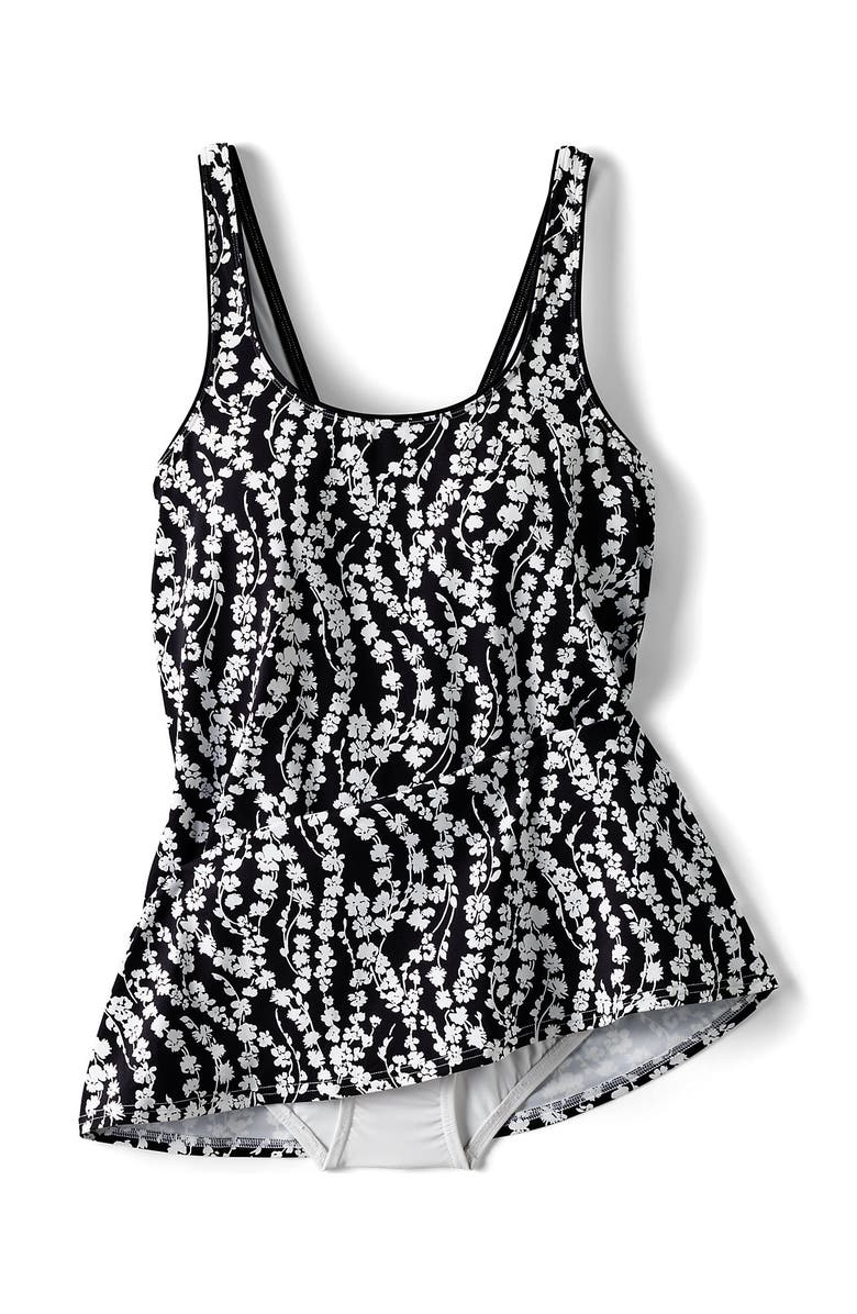 Lands' End Plus Size Scoop Neck Mini Swim Dress Swimsuit, Alternate, color, Black/White Vine Floral