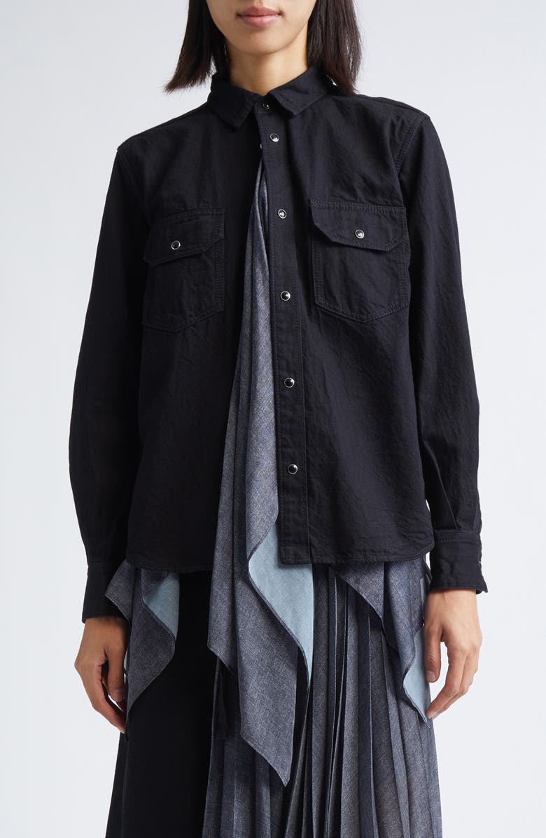 Sacai Mixed Media Handkerchief Hem Shirt, Main, color, Black
