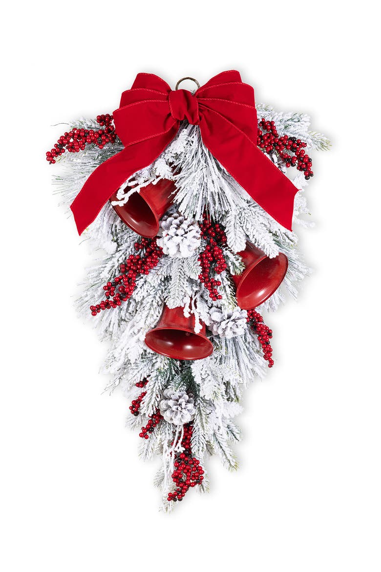 Christmas Flocked Pinecone & Berry Teardrop Wreath, Main, color, White