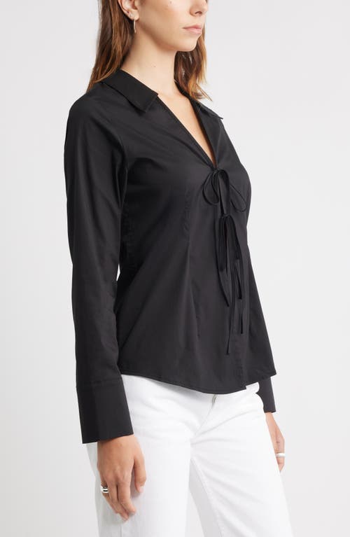 Open Edit Tie Front Cotton Blend Poplin Shirt In Black