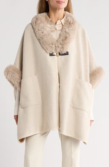 Nanette Lepore Faux Fur Trim Ruana In White