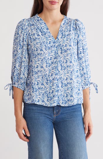 Shop Renee C Ditsy Puff Sleeve Blouse In Blue