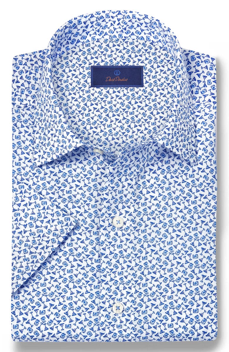 David Donahue Neat Print Short Sleeve Shirt, Alternate, color, White/ Blue