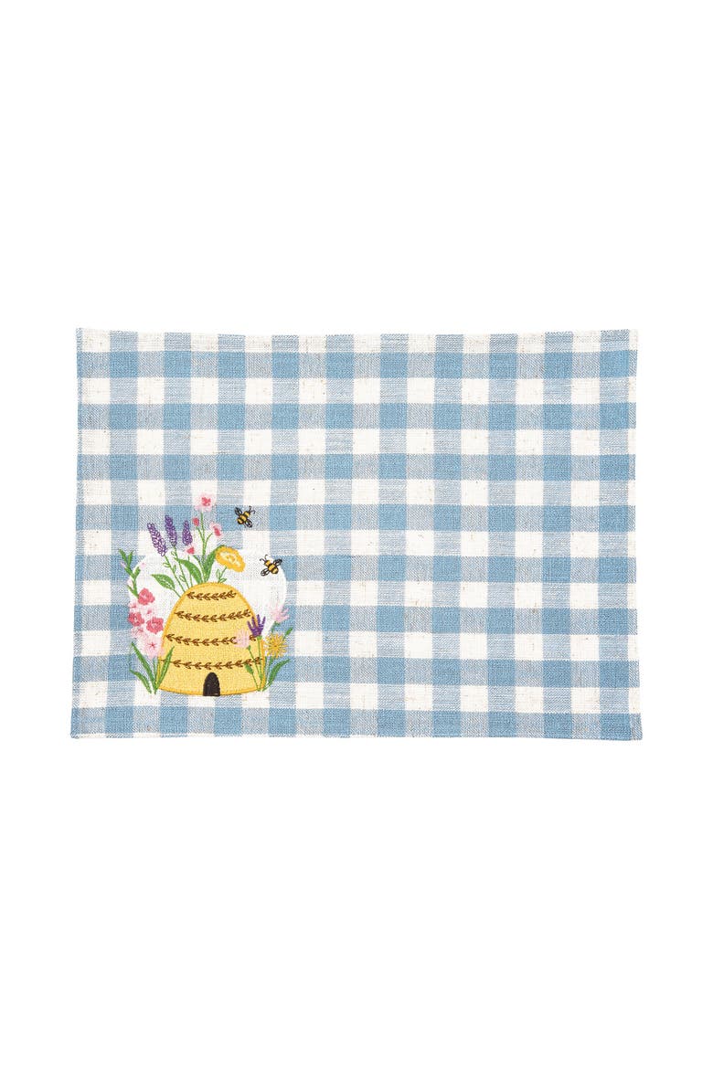 Bee Happy Bee Hive Gingham Plaid Blue Cotton Blend Set of 6 Placemats 13" x 16", Main, color, Blue