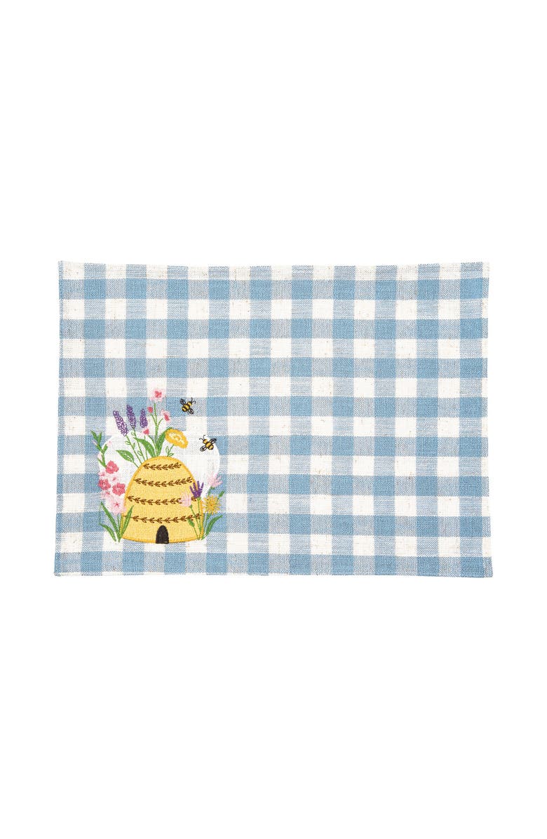 C&F Home Bee Happy In Blue Embroidered Placemats Set of 6 Blue Plaid, 13" x 16", Main, color, Blue