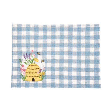 Bee Happy In Blue Embroidered Placemats Set of 6 Blue Plaid, 13" x 16"
