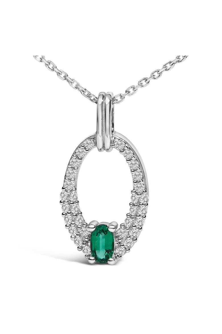 Silver Created Green Emerald and White Sapphire Oval Shaped Pendant Necklace, Alternate, color, White
